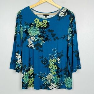 J.Jill Wearever teal floral jersey knit 3/4 sleeve top, large petite.